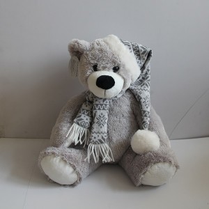 JH-9938B Plush Bear with Hat + Scarf in Light Grey color