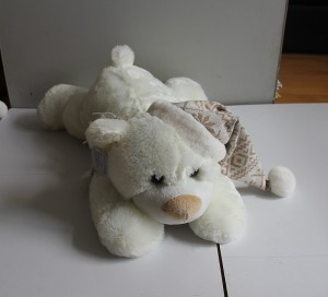 JH-9934B  Plush Lying Bear with Scarf in Biege color