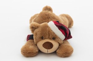 JH-9934A Plush Lying Bear with hat and scarf in Brown color