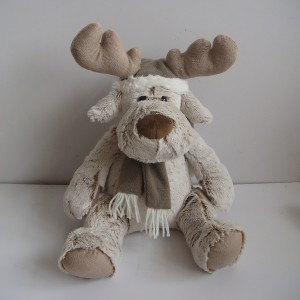 JH-9867D Plush Reindeer in Light Brown with Christmas Hat and Scarf