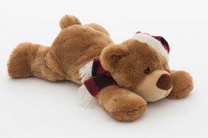 JH-9934A Plush Lying Bear with hat and scarf in Brown color